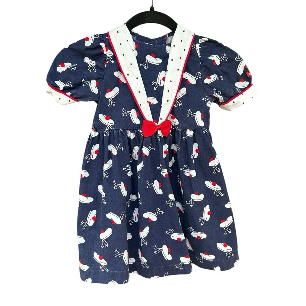 Vintage OshKosh Sailor Beret Hat Girls Dress RARE 4T USA‎ Red White Blue Cotton
